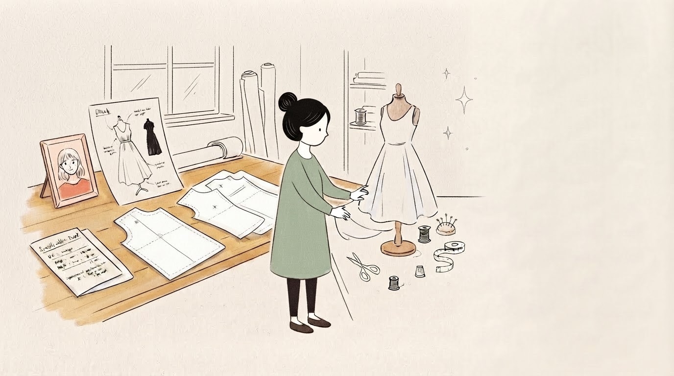 アトリエで服を仕立てる職人のイラスト