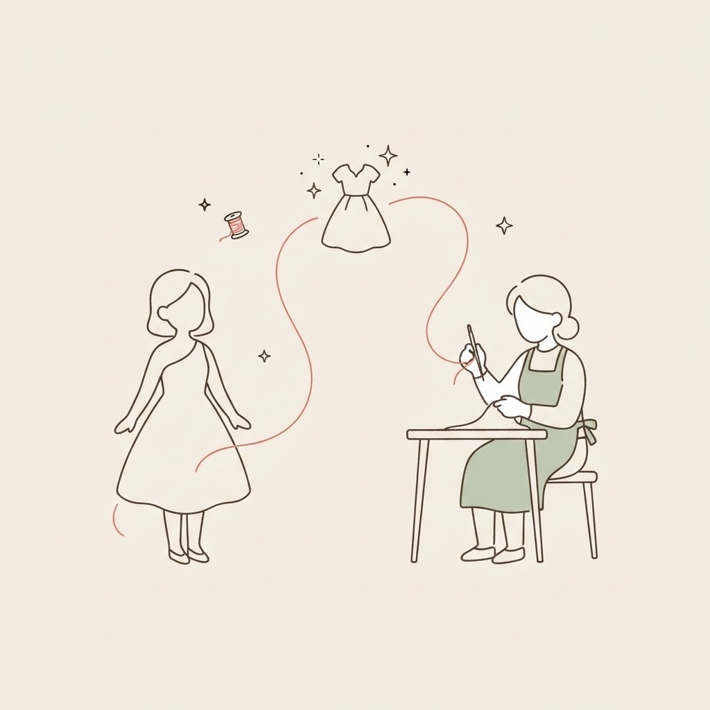 着る人と作る人が赤い糸でつながるイラスト